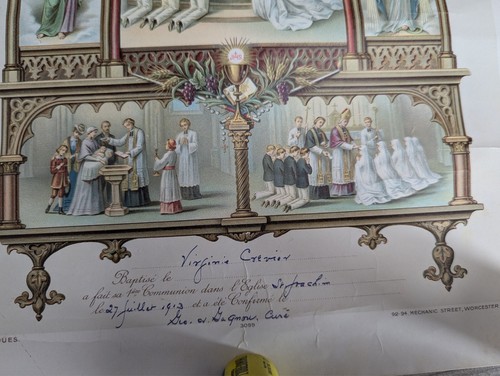 First Communion Color Art Certificate Worcester MA July 27th 1913 French 12x18 - Picture 6 of 13