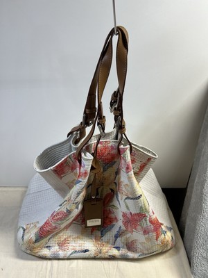 Claudia Firenze Womens Iris Tote Bag White Pink Floral Woven Leather Purse Italy