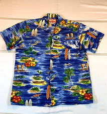RJC Hibiscus Hawaiian Islands Mens Medium Blue Tropical Print Button Up USA Made