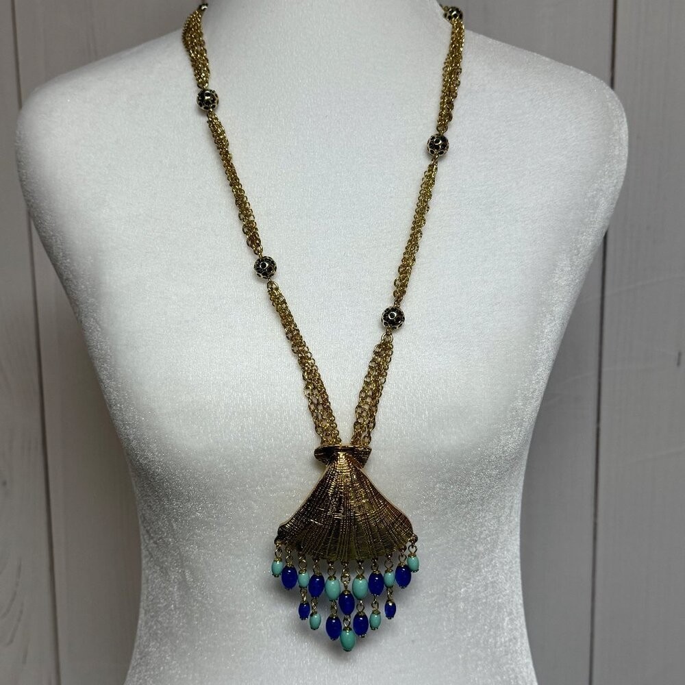 Lilly Pulitzer Bombshell Shell Necklace Gold Blue… - image 1