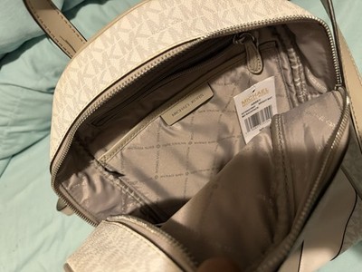 Michael Kors Abbey Logo Backpack Bright White Beige Gray Zipper Accents
