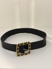 Chanel Vintage 24k Gold Plated Chain Link Accent Leather Black Belt 75cm/30