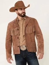 Western Suede Leather Jacket Men Native American Beads  Fringe Cowboy Jacket