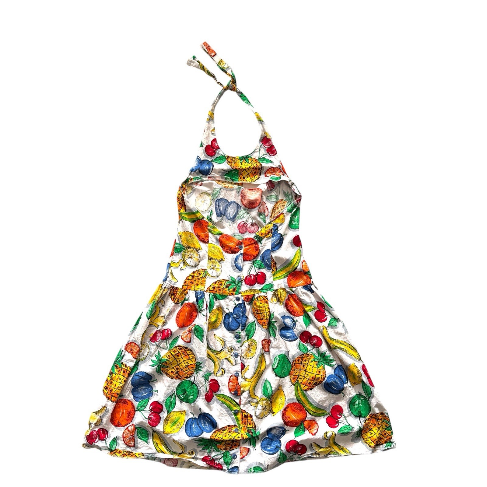 Vintage 90s Dress 50s Style Fruit Print Halter Neck Retro Rockabilly Boho 8 image 4