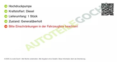 Bosch Hochdruckpumpe für BMW X1 E84 2009-2012 0986437426