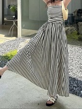 Striped Print Dress Strapless Ruched Bodice 