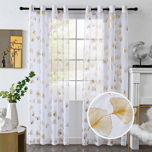 Gold Foil Print Voile Sheer Curtains, Leaves Grommet Top Window Drapes 96 Inc...