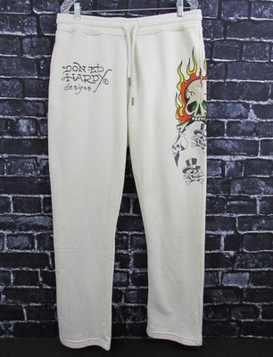 Ed Hardy Skull On Fire Logo Sweatpants Large Ivory EHM8003-5 NWT.