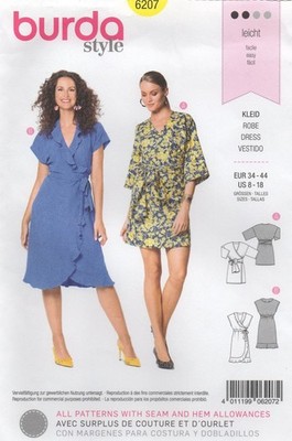 Burda Schnittmuster 6207 EASY Kleid im Wickelstil mit Obi Gürtel Gr. 8 - 18 NEU