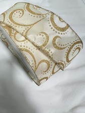 10 Yards 2.5 Inch Wired Ribbon Ivory Gold Swirl Winter Christmas Holiday Ribbon
