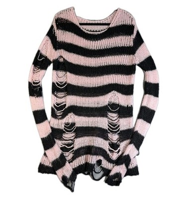 Killstar Womens M Pink Black Striped Distressed Grunge Goth Knit Sweater Top