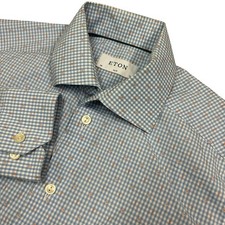 Eton Dress Shirt Mens 15 38 Slim Blue Geometric Button Up Long Sleeve Cotton