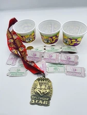 Vintage Chuck E. Cheese Birthday Star Medal + 3 Logo Cups Coins & Tickets Lot