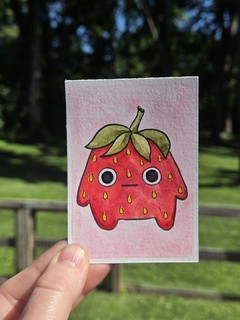 ACEO Art Card Cute Red Strawberry Whimsical Fruit Thisgingercreates