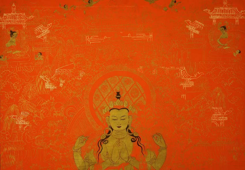 Tibet Vintage Old Buddhist Red Thangka Four-armed Avalokitesvara Bodhisattva