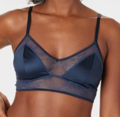 NWT Auden Size XL Satin & Lace Longline Unlined Bralette Navy Blue Loungewear