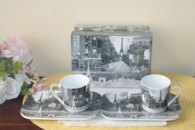 EASY LIFE PARIS DESIGN SET 2 ESPRESSO CUP & SAUCERS PORCELAIN IN BOX