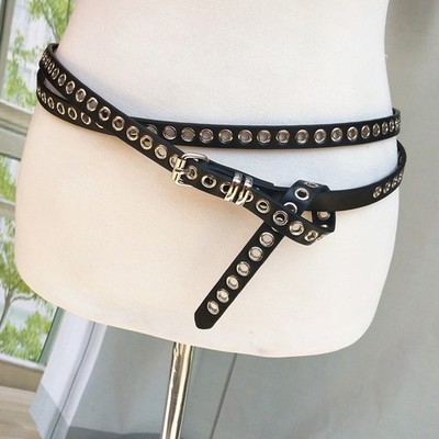 DIY Wear PU Leather Waist Belt Rivet Eyelet Knotted Extra Long Thin Waistband