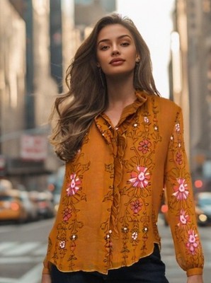 Vanessa Bruno Floral Top Size Small Floral Ruffle Button Up Long Sleeve Rust EUC