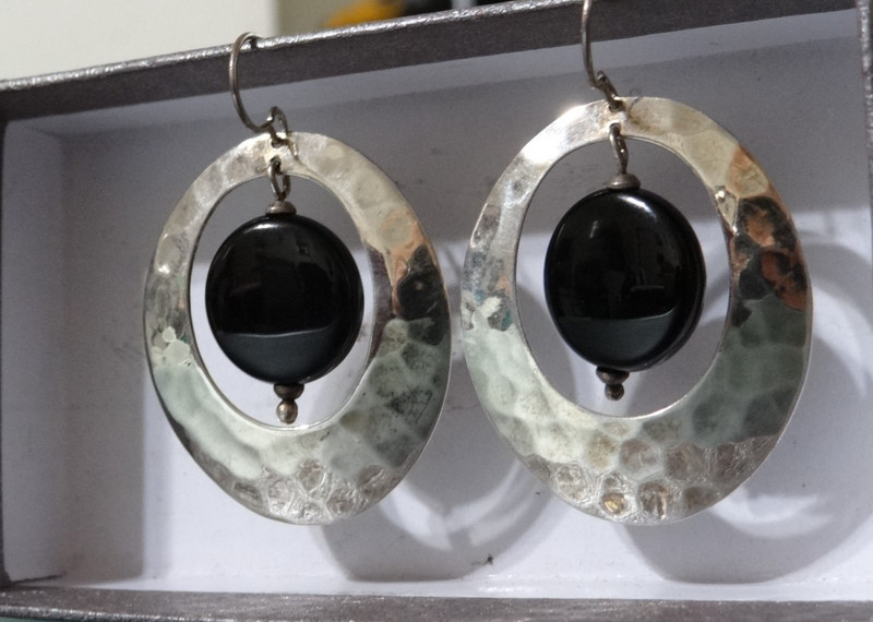 Mexico 925 Sterling Silver Onyx 2" Dangle Earrings Modernist BOHO