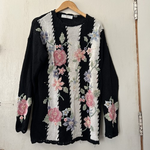 Vintage Maggie Lawrence Cardigan 80s Black Knit Flower Sweater Medium Read - Picture 1 of 21