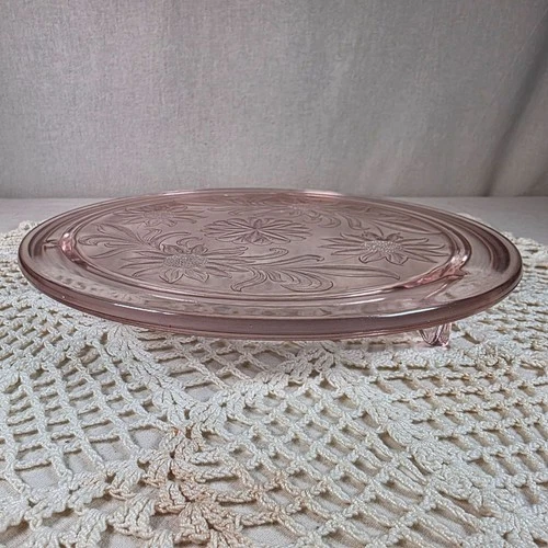 Jeanette Sunflower Pink Depression Glass 10" Footed Cake Plate Vintage 1930s-194