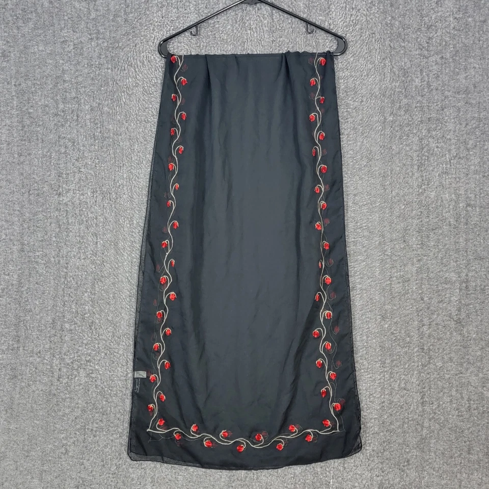 Bufanda envolvente Cejón para mujer negra de gasa transparente con rosas bordadas florales 70x20 Foto 4 de 4