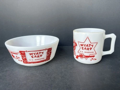 Vintage 1950s Hazel Atlas Wyatt Earp US Marshal Milk Glass Cup Mug & Bowl