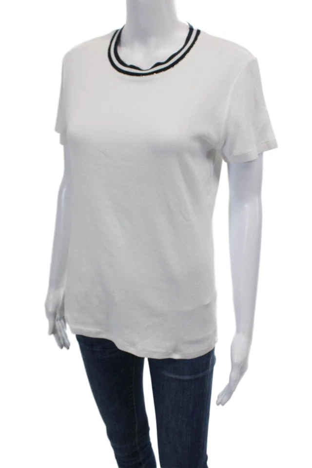 Camiseta informal blanca Peserico para mujer con detalle de rayas de algodón cuello redondo talla 48 Foto 2 de 4