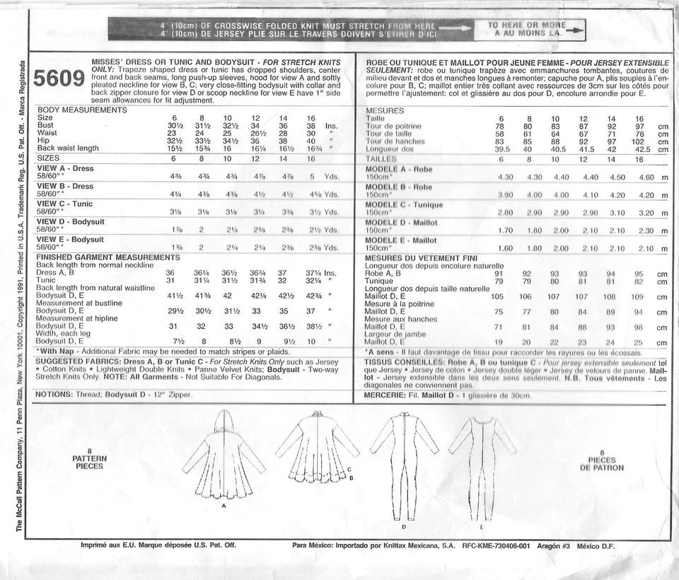 Uncut McCall's Sewing Pattern # 5609 Trapeze Shaped Dress Tunic Bodysuit Size: 6 - Image 2 of 2