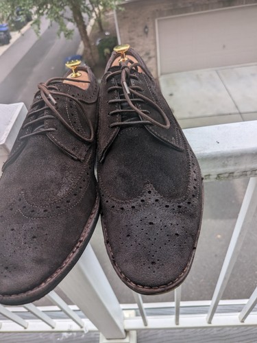 Scarpe Allen Edmonds McGregor Derby a coda di rondine marrone scuro scamosciate 10D - Foto 2 di 24