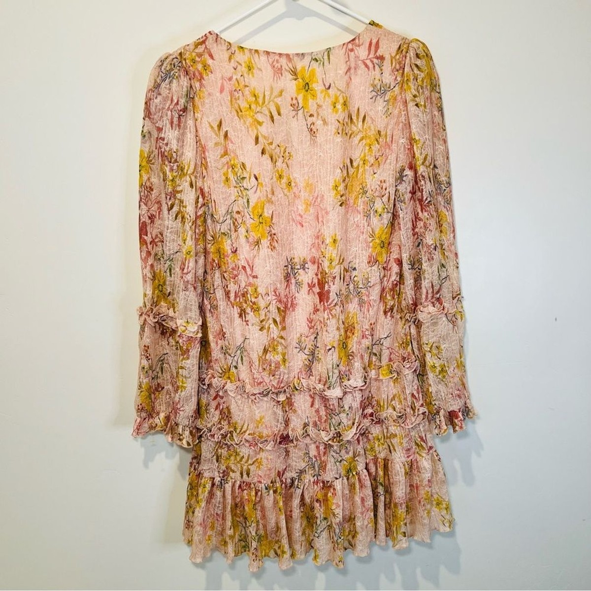 Tularosa Evelyn Dress in Light Rose Floral Print br Bell Sleeve Lace Mini View 4