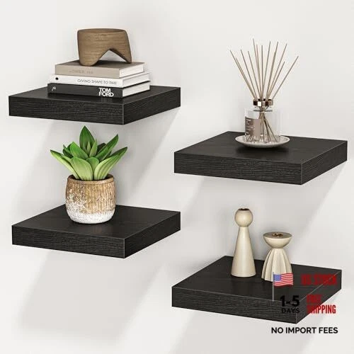 Square Floating Shelves for Wall, 7.5" W x 7.5"Wx7.5"Dx1.4"H, Set of 4 Black