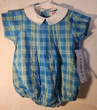 Vintage NOS Simi Baby Boy 12M Blue & Green Plaid Bubble Romper w/Collar
