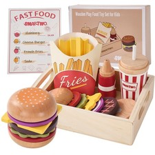 Wooden Play Food for Kids Pretend Hamburger Set Fast Food Toy Play Kitchen Ac...