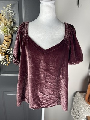 Loft Mauve Pink Velvet Short Puff Sleeve Peasant Fairy Top Sz Large Cottagecore