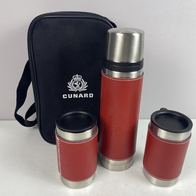 Cunard Thermos Flask & 2 Travel Mugs Set with Bag Stainless Steel