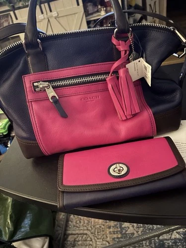 Coach 21134 Colorblock Molly Satchel HandBag Purse Leather Navy Brown Pink RARE