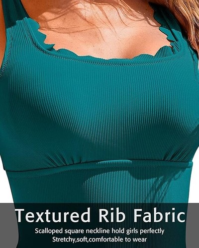 CHARMO Swimsuit Size {Medium} Scalloped/ Ribbed/ One Piece/Retro/ Square Neck - Picture 6 of 7