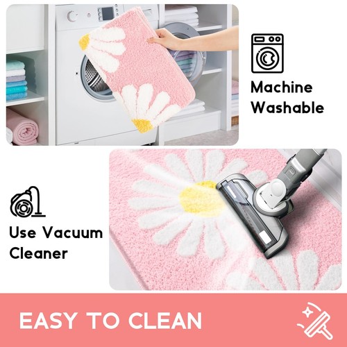 Pink Bathroom Rugs Cute Flower Daisy Bath Mat Extra Soft and Absorbent Microf... - Picture 6 of 9
