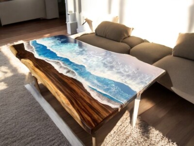 60''x30'' Blue Wave Epoxy Resin Center Dining Table Natural Acacia Wooden Decors