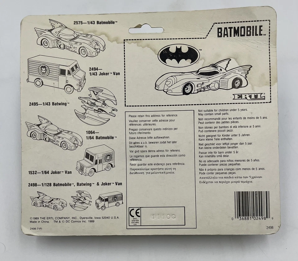 1989 ERTL DC COMICS BATMAN DIECAST MICRO SET ON CARD BATMOBILE BATWING JOKER VAN - Image 2 of 3