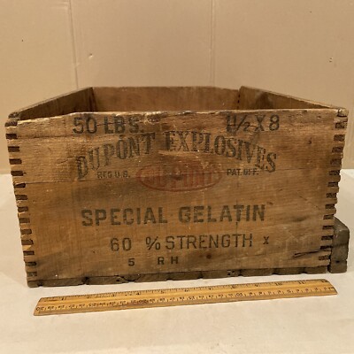Vintage Wooden Crate Dupont Special Gelatin High Explosives Dynamite Wood Box