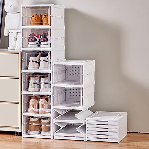 Foldable Shoe Rack Clear Collapsible Storage Box Size up to 14, 1×6 Tiers Clean