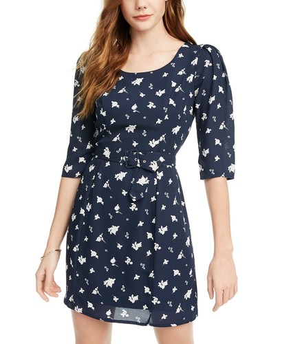 Trixxi Womens Size XL Floral A-Line Dress Belted 3/4 Puff Sleeve Blue White
