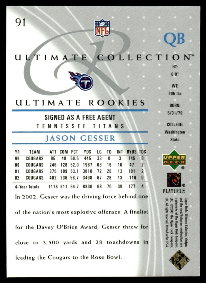 2003 Upper Deck Ultimate Collection Jason Gesser Rookie 039/750 Tennessee Titans - Image 2 of 2