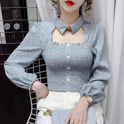 Women Floral Shirt Blouse Top Long Puff Sleeve Hollow Out Button Slim Casual - Picture 2 of 15