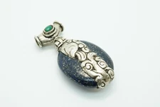 Silver Large Lapis Stone Pendant with Green Onyx Accent