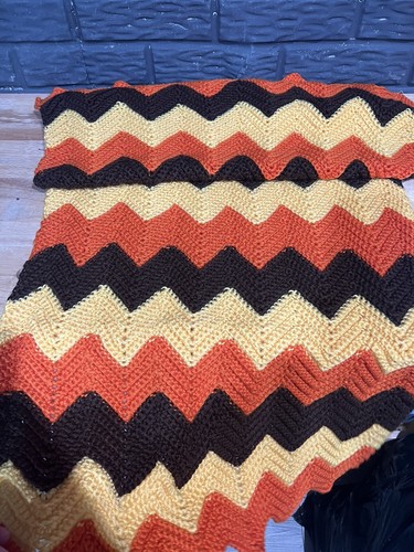 VTG Afghan Blanket Zig Zag Throw BlanketHandmade Retro 50x23 Orange Yellow Brown - Picture 2 of 4