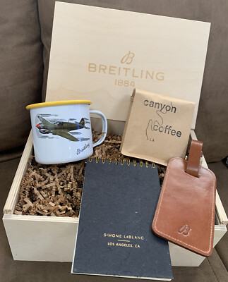BREITLING WOODEN GIFT BOX MUG/COFFEE/LEATHER LUGGAGE TAG/NOTEPAD